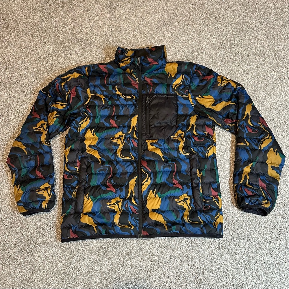 Mens Eddie Bauer Stratustherm Goose Down Puffer Jacket Multicolor Camo Size M